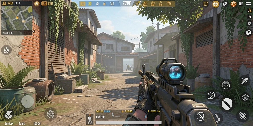 Gameplay 77RP yang mendebarkan dalam suasana pertempuran FPS.