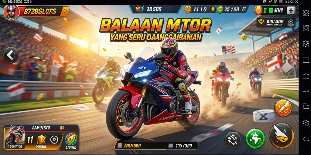 Tampilan balapan seru dalam 8728SLOTS dengan motor yang melaju cepat.