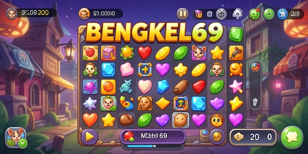 Tangkapan layar utama BENGKEL69 menampilkan gameplay Match-3 yang mengasyikkan.