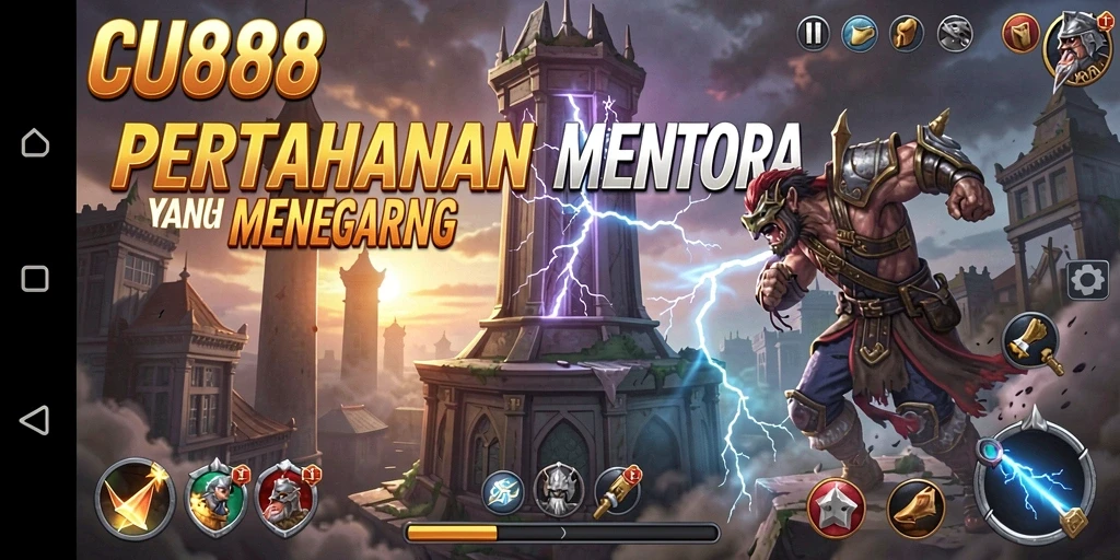 Menggambarkan aksi seru dalam game Tower Defense.