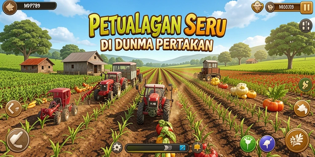 Screenshot gameplay <strong>MVP789</strong> menampilkan kebun subur dan hewan ternak yang sehat.