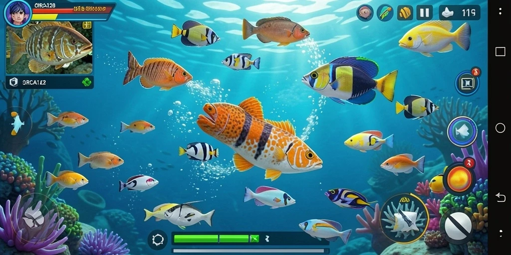 Tangkapan layar gameplay ORCA128 menampilkan aksi menembak ikan yang seru.