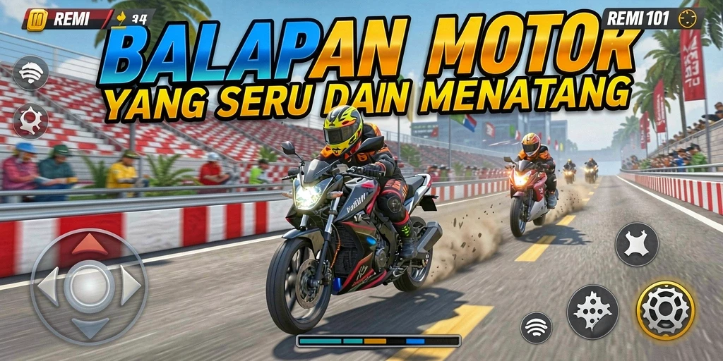 Tampilan gameplay balapan motor yang seru dan mendebarkan.