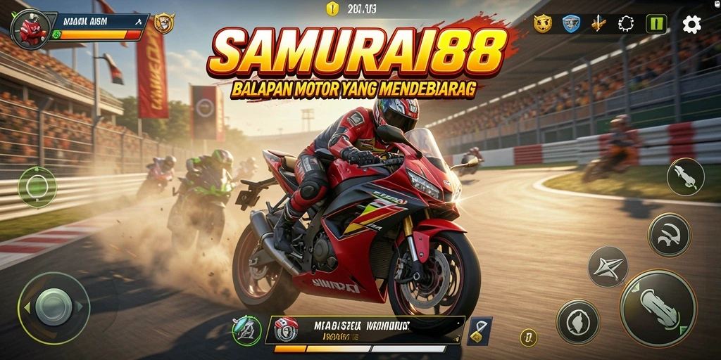 Tampilan menarik dari gameplay <strong>SAMURAI88</strong> saat balapan motor.