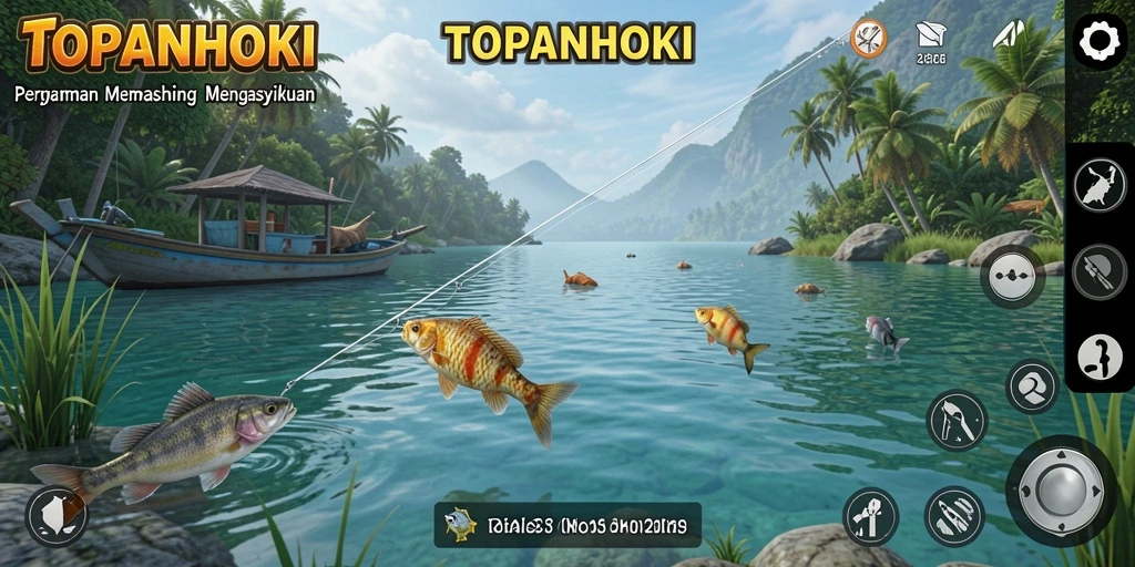 Screenshot gameplay <strong>TOPANHOKI</strong> menampilkan keseruan memancing di lokasi yang indah.