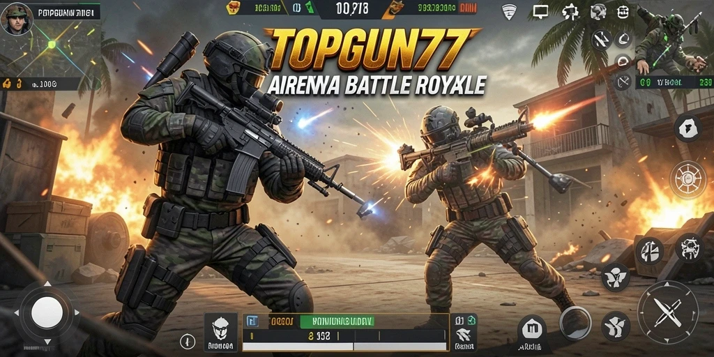 Tampilan gameplay intens di arena Battle Royale TOPGUN77.